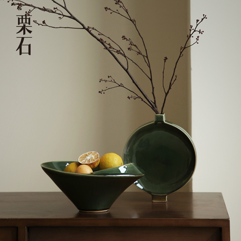 栗石中古风绿色陶瓷花瓶果盘复古客厅茶几桌面玄关绿植小花盆摆件