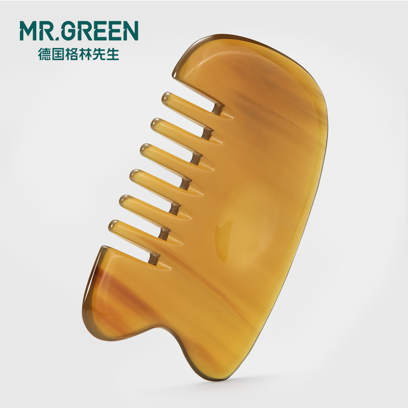 Mr.green天然白水牛角按摩梳头部经络便携刮板小号痧迷你宽齿梳子