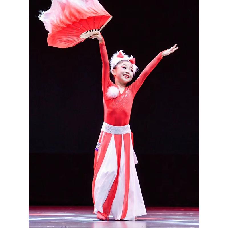 俏红狐儿童演出服古典飘逸小红狐飘逸演出群舞舞蹈扇子道具俏灵狐