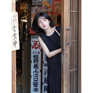 复古褶皱肌理感宽松显瘦蛋糕长 新品 黑色无袖 背心连衣裙女夏季 法式
