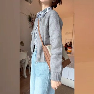短款 新品 小个子针织开衫 慵懒风毛衣灰色外套女秋冬季 拉链 2025新款