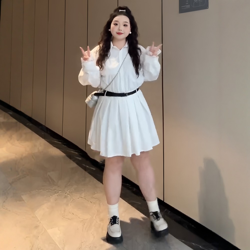 高货大码白色超好看拼接长袖连衣裙女春季胖mm显瘦收腰短款气质衬