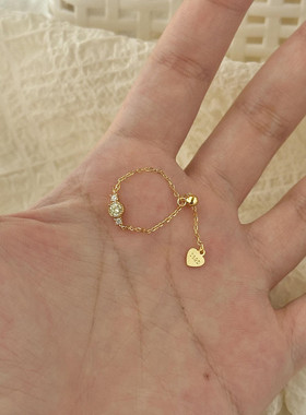 绿钻链条抽拉式戒指女可调节18k金小众设计感简约极细指环食指戒