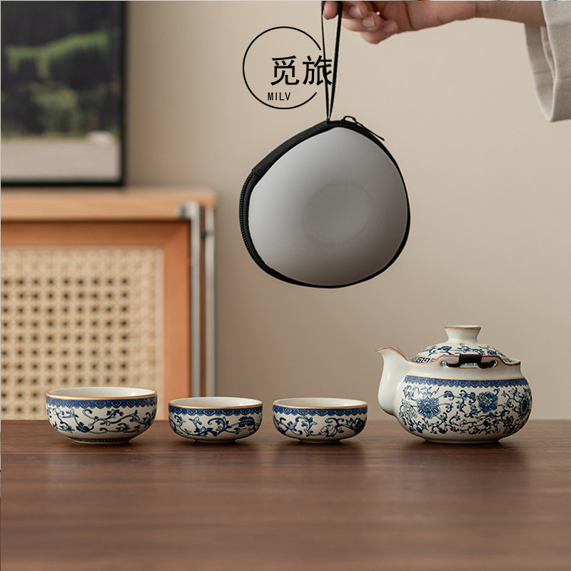 国潮青花汝窑旅行茶具套装便携式快客杯一壶三杯露营泡茶喝茶装备