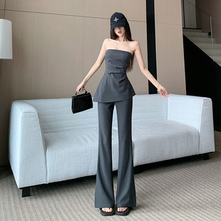 休闲两 直销2025夏装 搭配一整套时尚 气质抹胸上衣套装 女高腰喇叭裤