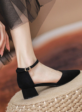 黑色包头凉鞋女2025新款百搭尖头粗跟高跟鞋一字带中跟单鞋夏季女