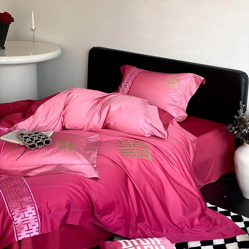 微醺渐变刺绣花囍结婚庆全棉四件套100S纯棉红陪嫁床上喜被套床单