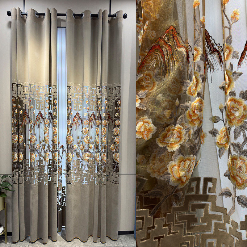 新款中式高档客厅镂空绒布奢华大气绣花窗帘别墅落地窗纱成品定制