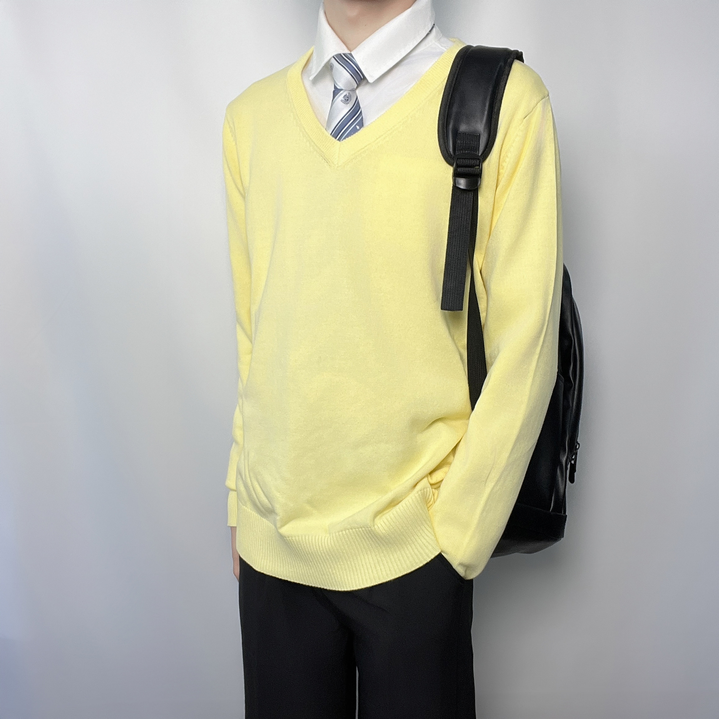dk原创制服男黄色外穿打底套头jk毛衣纯色V领校供高级长袖针织衫