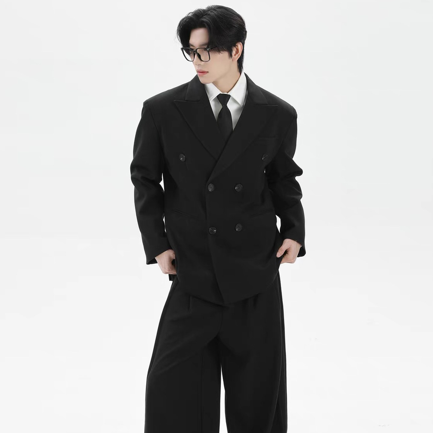 黑色系西装男士扣休闲百搭正装面试高级垂感禁欲系dk制服西服套装