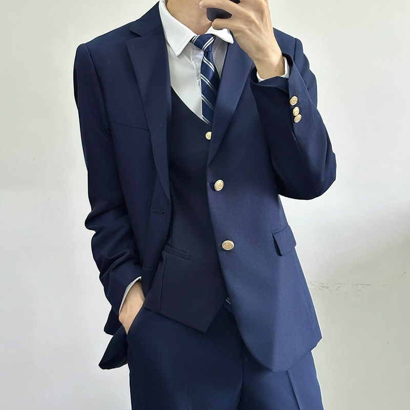 dk制服男绀色西装套装高级感校供感学生班服校服休闲西服马甲外套