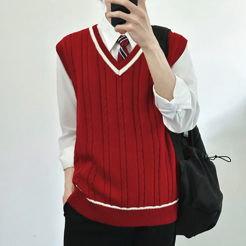 dk日系制服红色秋冬毛衣马甲jk中性风男女针织衫背心马夹无袖坎肩