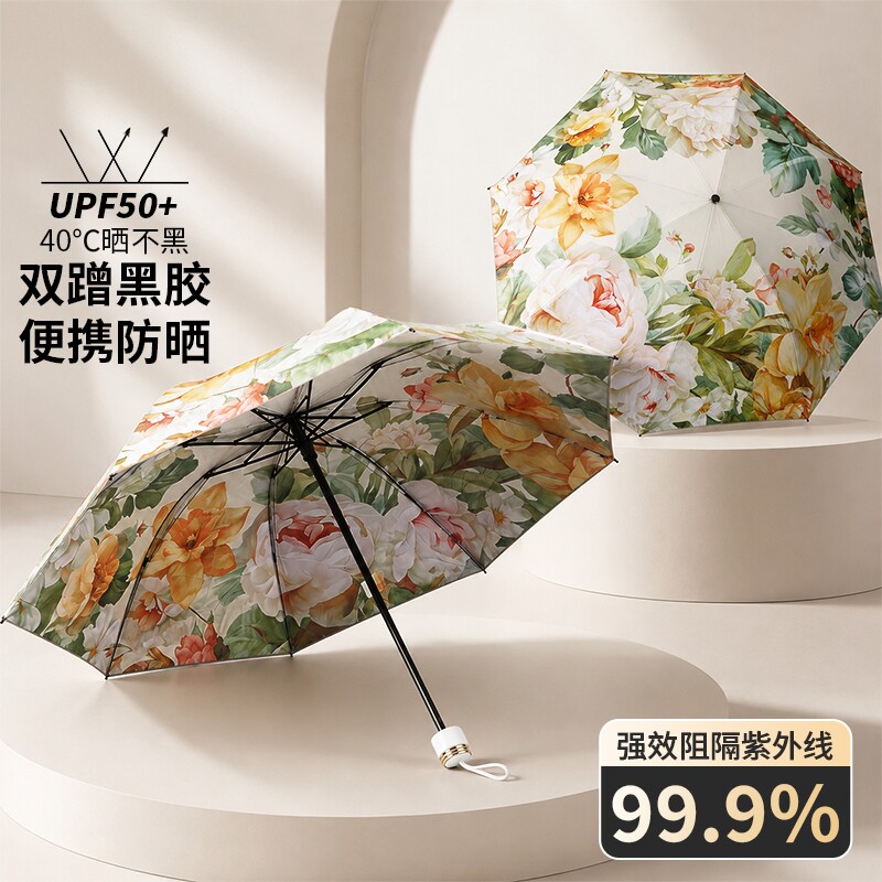 双层黑胶折叠遮阳伞防晒抗UV女双面印花高颜值遮阳伞晴雨两用