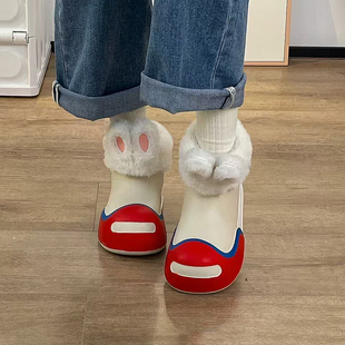 新款中筒雨靴女士秋冬毛毛加绒加厚外穿百搭时尚可爱小兔子雪地靴