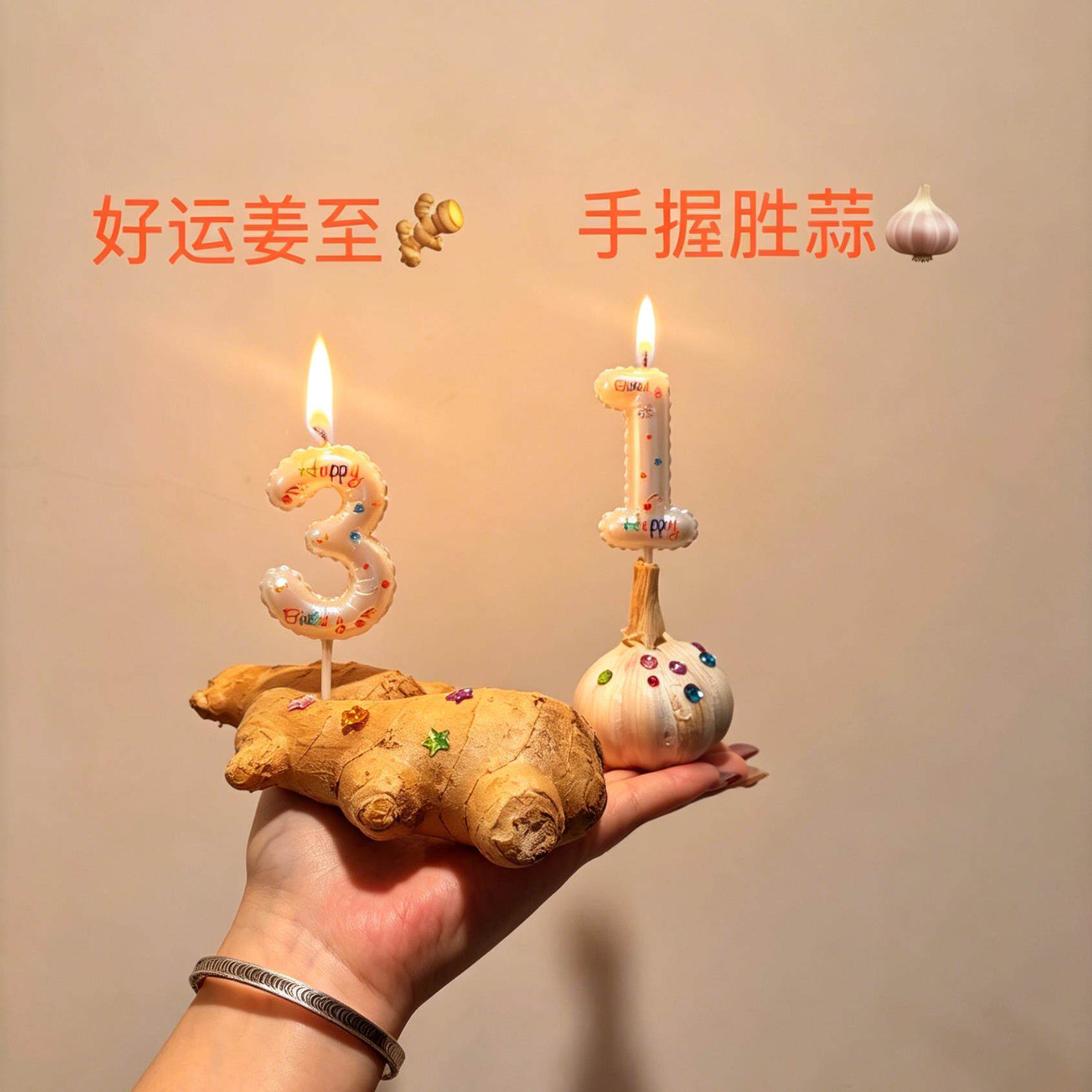 手握胜蒜蜡烛钻石贴纸大蒜大姜生日蛋糕插件胜蒜装饰许愿拍照道具
