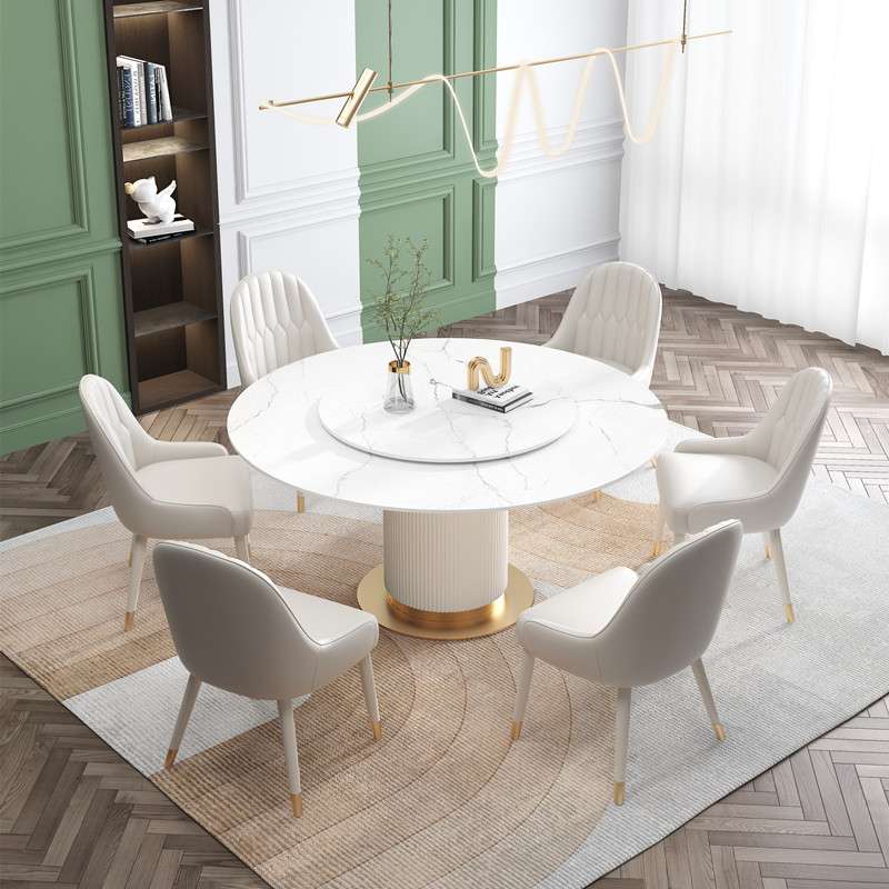 意式岩板餐桌椅组合现代简约轻奢亮光圆形转盘旋转家用圆桌饭