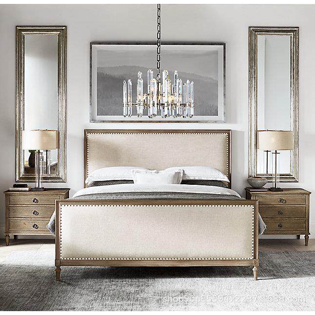 外贸法式乡村复古布艺双人床RH原单美式软包实木雕花床英式古典