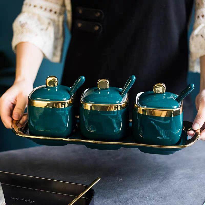 北欧厨房用品陶瓷调料罐祖母绿调味瓶三件套家用套装糖罐盐味精罐