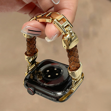 适用苹果手表表带s10菱格真皮编织拼金属链条applewatchS10/9/8se