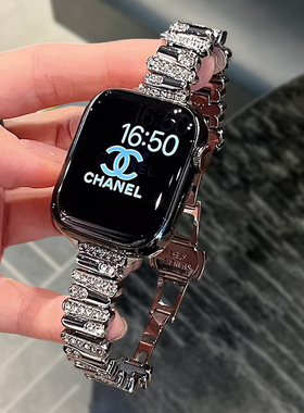 适用苹果手表表带s10不锈钢不规则镶钻金属女款表链iwatchS9/8/se