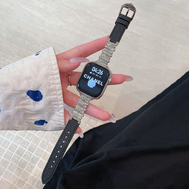 苹果手表表带s11荔枝纹真皮拼镶钻金属表带适用watch10/9/8/7/se2