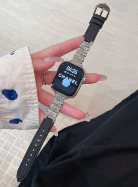 苹果手表表带s11荔枝纹真皮拼镶钻金属表带适用watch10/9/8/7/se2