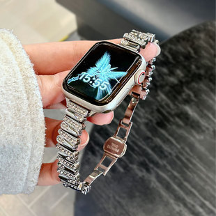 适用苹果手表表带s10不锈钢不规则镶钻金属女款 表链iwatchS9