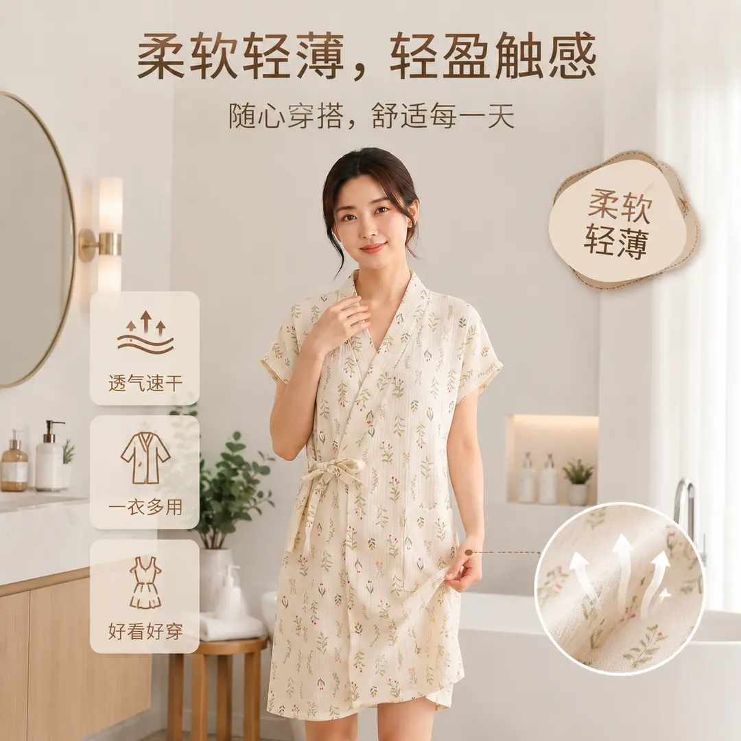 10A抗菌全棉纱布浴巾夏季薄女士浴袍可裹吸水速干浴袍