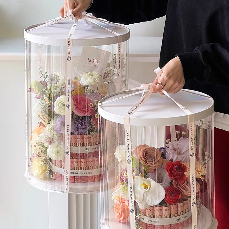 花中情 透明PVC圆柱形蛋糕盒有钱花礼品盒长方形鲜花包装diy材料