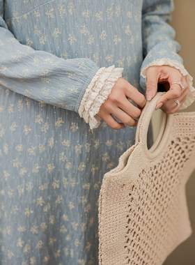 法式纹理感碎花蕾丝连衣裙春季大码高级感收腰显瘦裙子65223