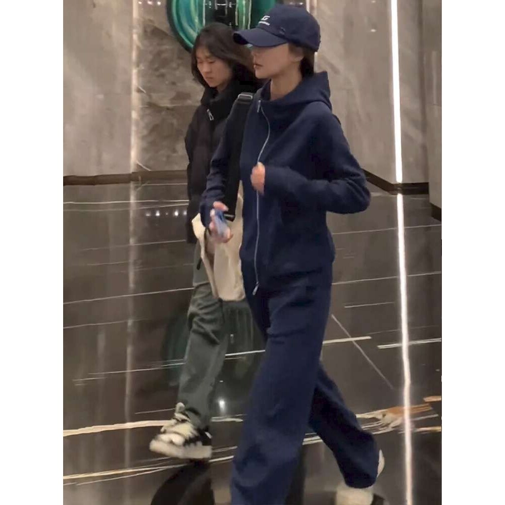 韩版时尚运动风套装春季新款连帽蓝色开衫保暖长袖卫衣女装两件套