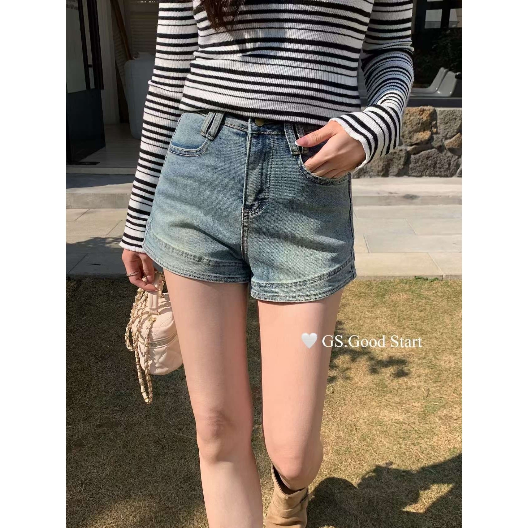 GS.GOODSTART韩系复古洗水做旧高腰牛仔短裤女春夏小个子热裤