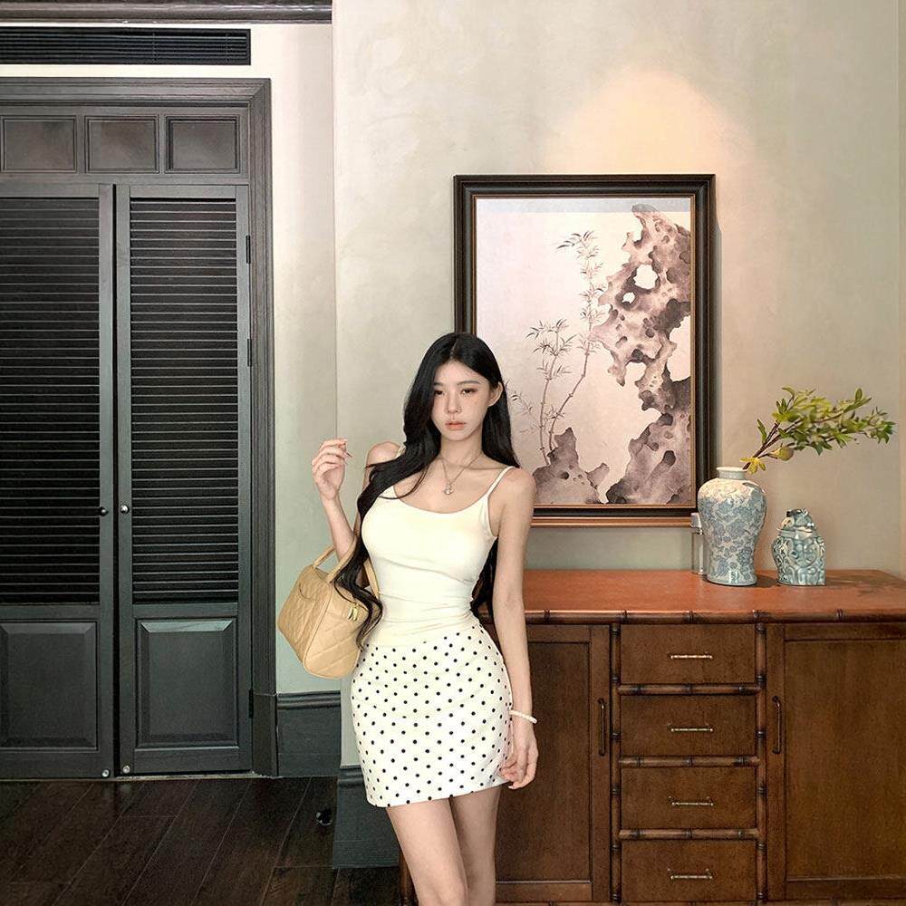 波点高腰半身裙女夏季新款防走光a字包臀显瘦短裙