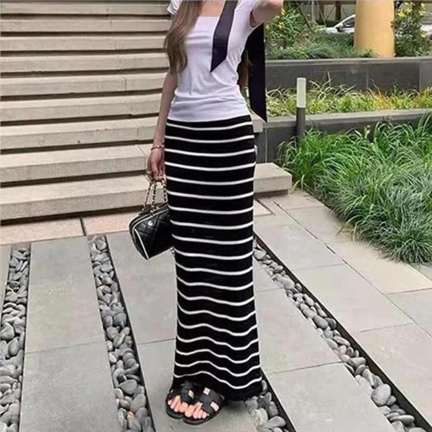 夏季新款撞色半身裙时尚裙子条纹气质百搭修身显瘦慵懒休闲长裙