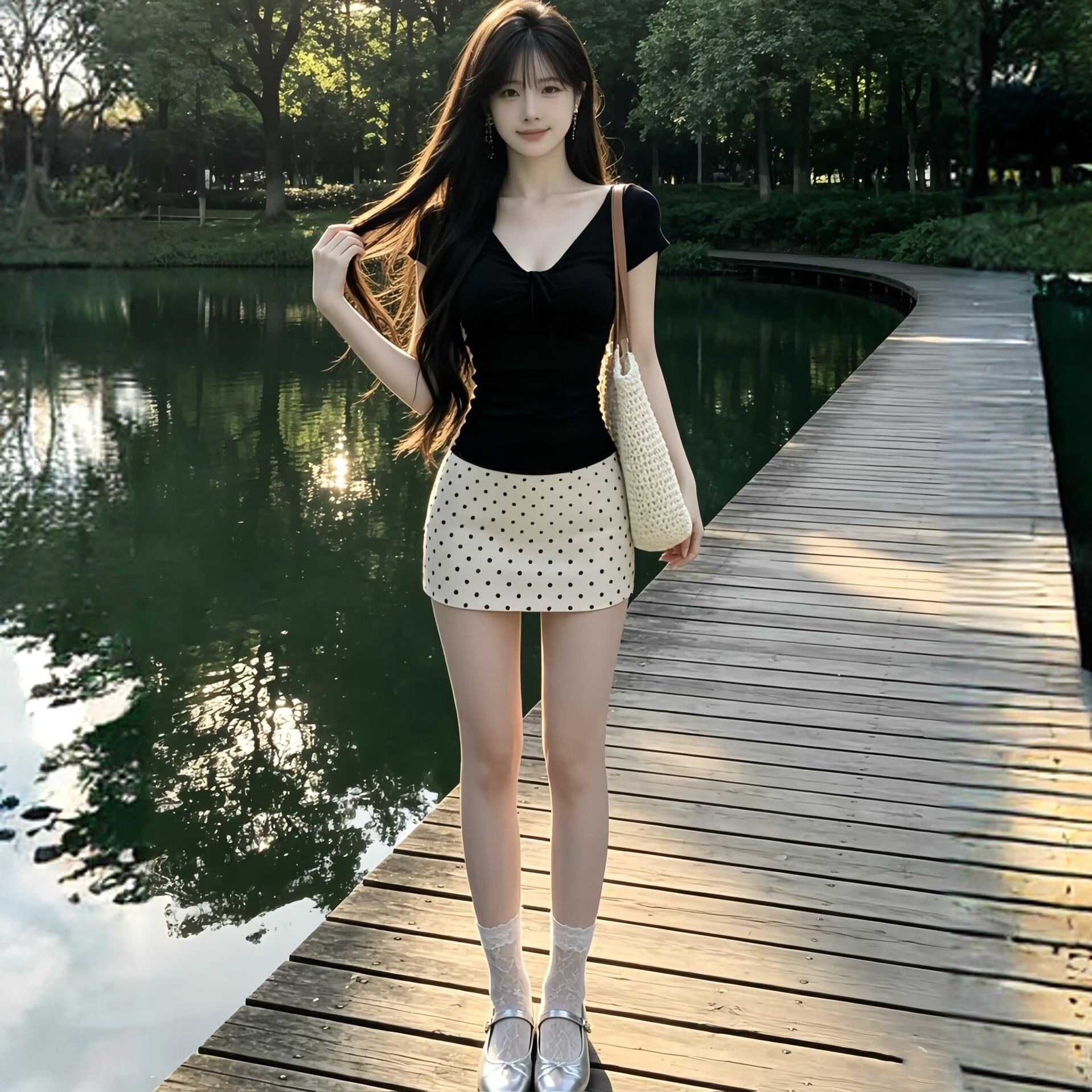 法式杏色西装波点半身裙女夏季薄款a字辣妹气质高腰显瘦包臀短裙