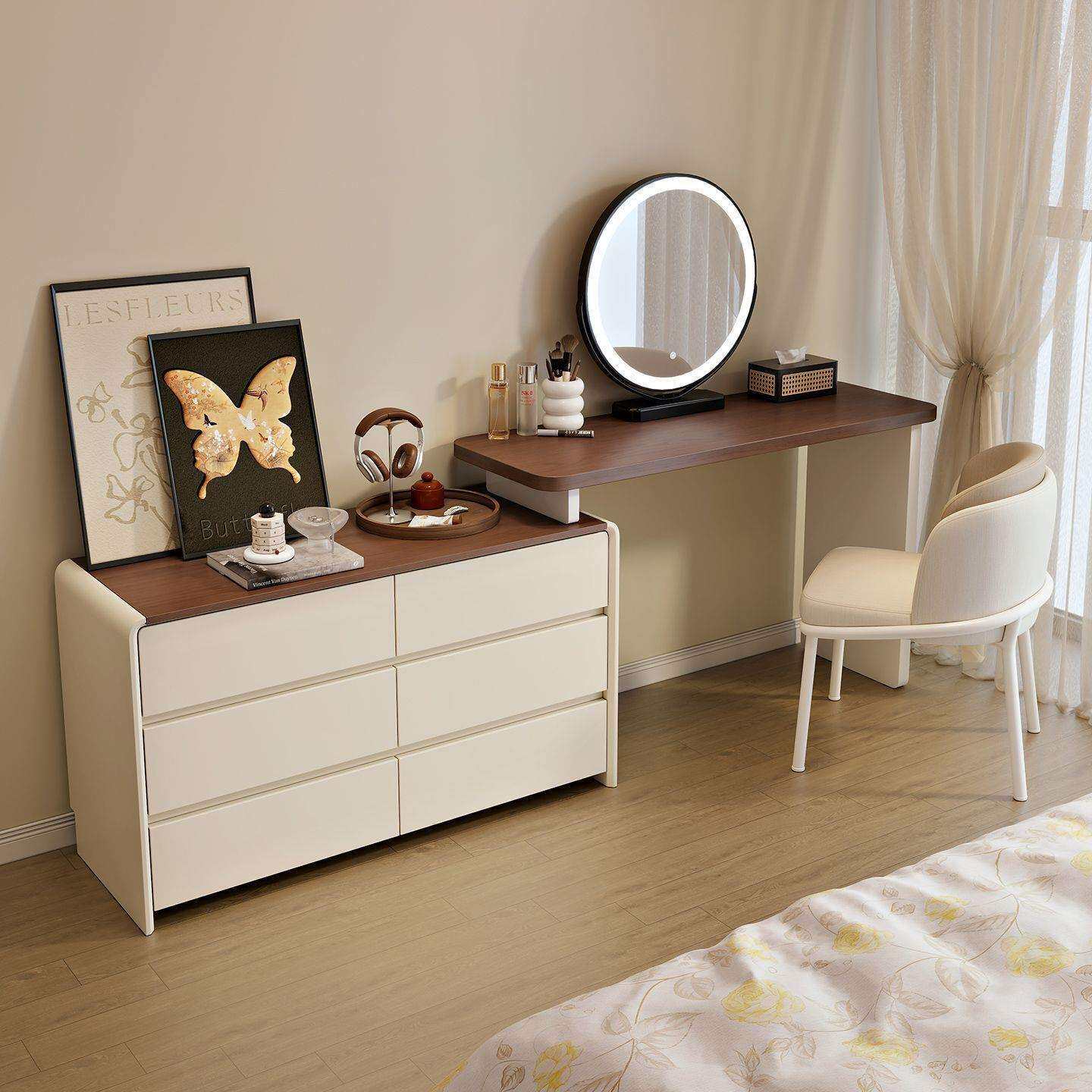 2025新款胡桃木中古奶油风卧室梳妆台现代简约斗柜一体化实木妆桌