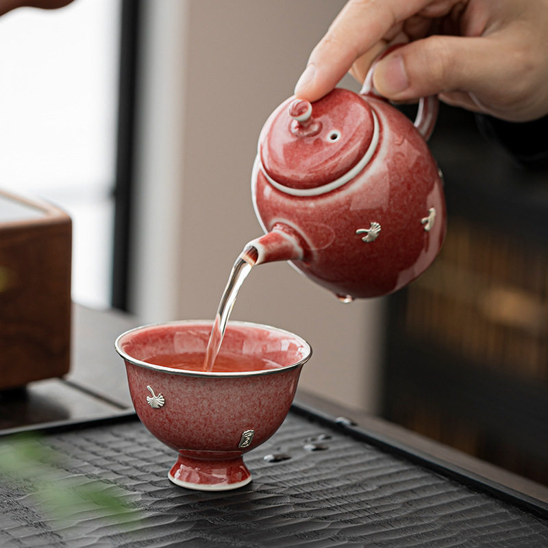 窑变釉锔银品茗杯主人杯客杯单杯茶具配件锔钉杯个性杯茶具套装