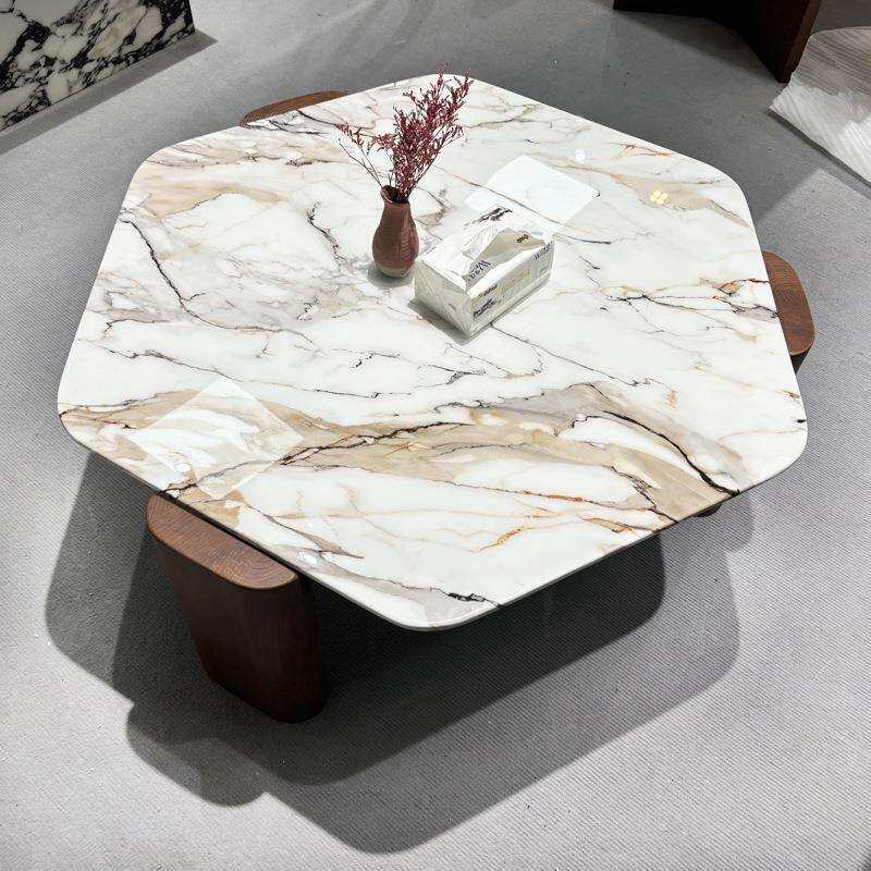 中古风六边形大理石异形茶几客厅沙发边几设计师款家用实木茶几