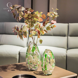 晶淳 清新绿色创意鲜花玻璃水晶高花瓶 ins风新居高级感摆件