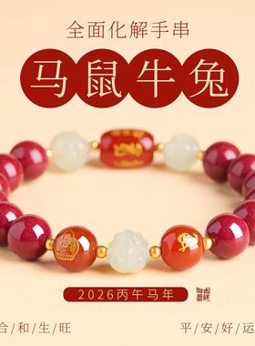 官方旗舰店正品朱砂手串女款和田玉三合六合手链男2026属马本命年