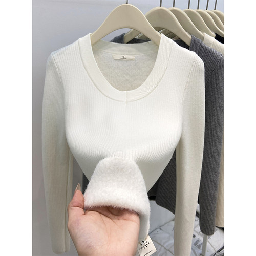 加绒加厚一体绒U领针织衫毛衣女秋冬新款修身显瘦内搭打底衫上衣