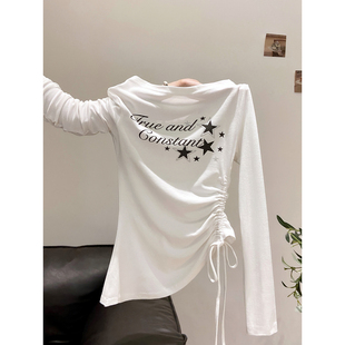纯欲斜领露肩长袖t恤女秋季新款星星字母印花衫单侧抽绳显瘦上衣