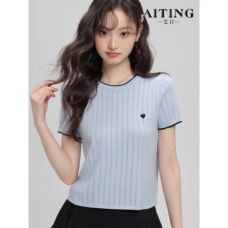 圆领刺绣正肩针织短袖女t恤2025夏季新款撞色短款内搭打底衫上衣,女装/女士精品,T恤,淘宝优惠券,粉丝福利购,淘宝优惠卷