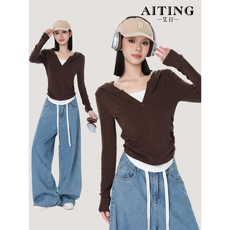连帽v领假两件女上衣长袖