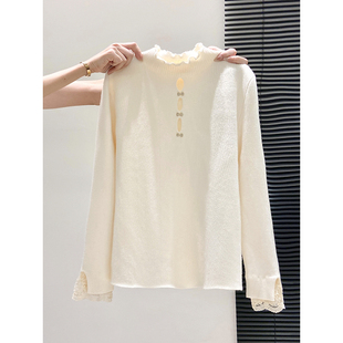 半高领加绒加厚针织衫女冬季新款设计感镂空蕾丝拼接内搭打底上衣