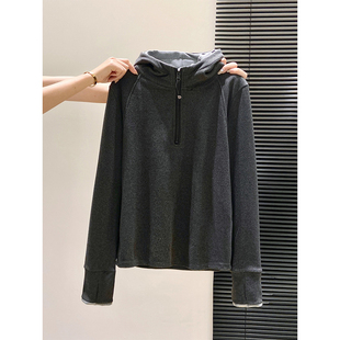 保暖加绒连帽半拉链长袖卫衣女2025冬季新款撞色修身休闲打底上衣