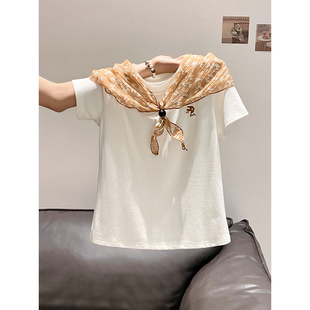 韩系简约刺绣圆领短袖t恤衫女夏季新款慵懒风宽松显瘦上衣配丝巾