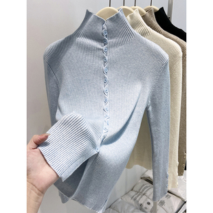 韩系高级感气质纽扣长袖针织衫女秋冬新款高领内搭修身打底衫上衣