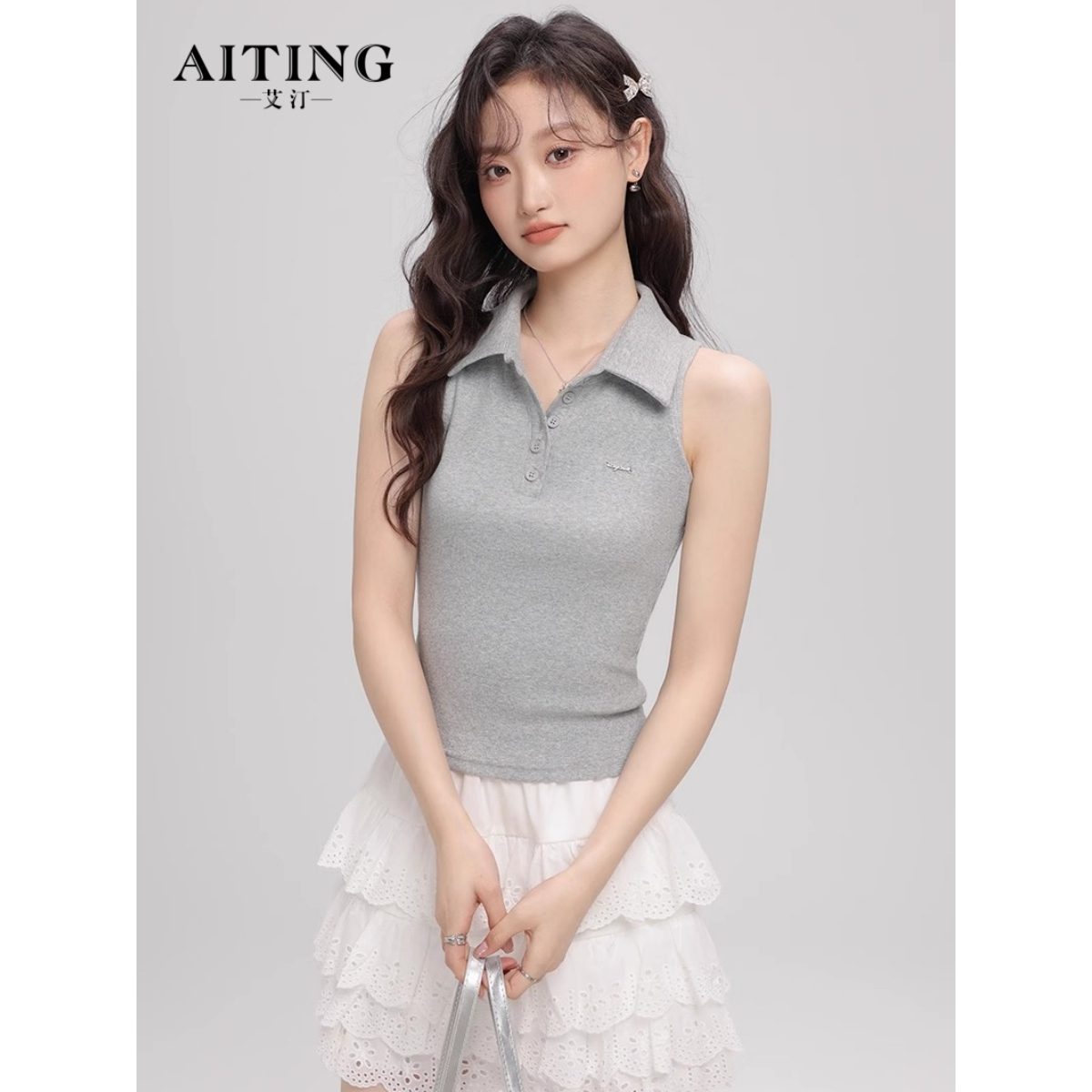 纯欲风翻领挂脖无袖背心女