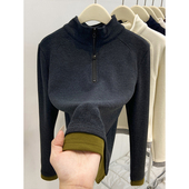 高级感撞色半拉链双面德绒长袖 打底衫 女秋冬设计感假两件立领上衣